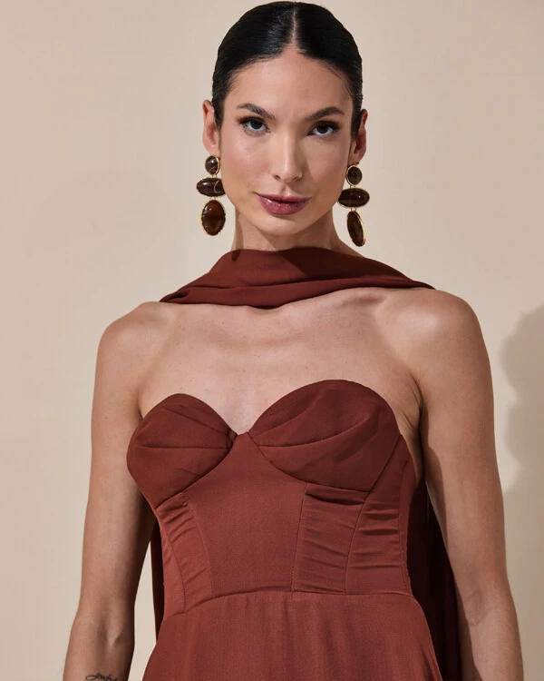Vestido de Festa Longo Tomara que Caia Crepe Chiffon Decote Coração Lenço Marrom New