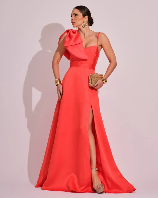 Vestido de Festa Longo em Zibeline com Laço Removível Laranja