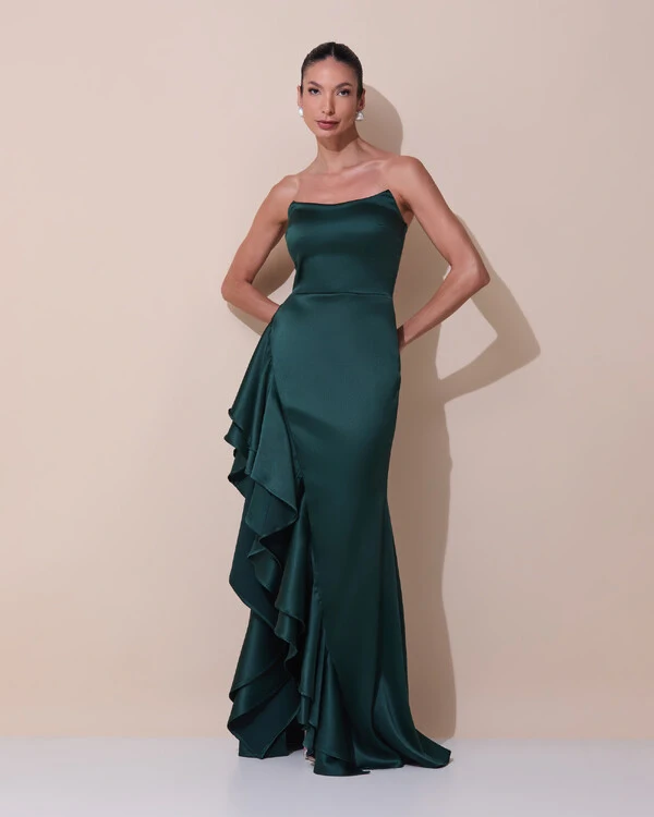 Vestido de Festa Longo Tomara que Caia Cetim Babado Fenda Verde Escuro