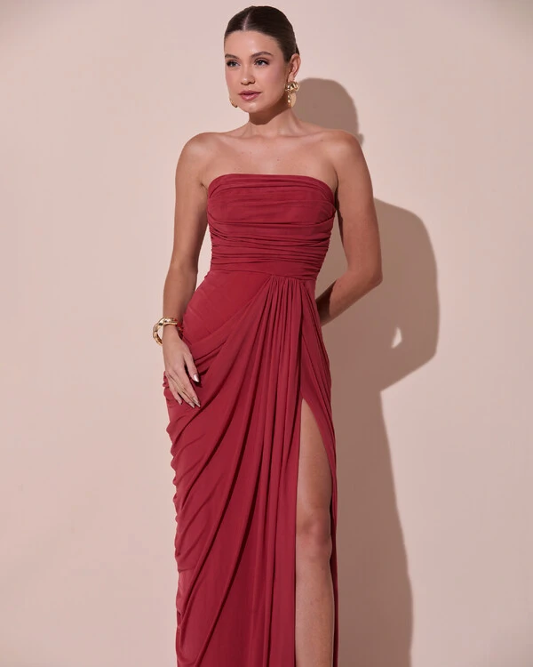 Vestido De Festa Longo Tomara que Caia Tule Drapeado Fenda Terracota