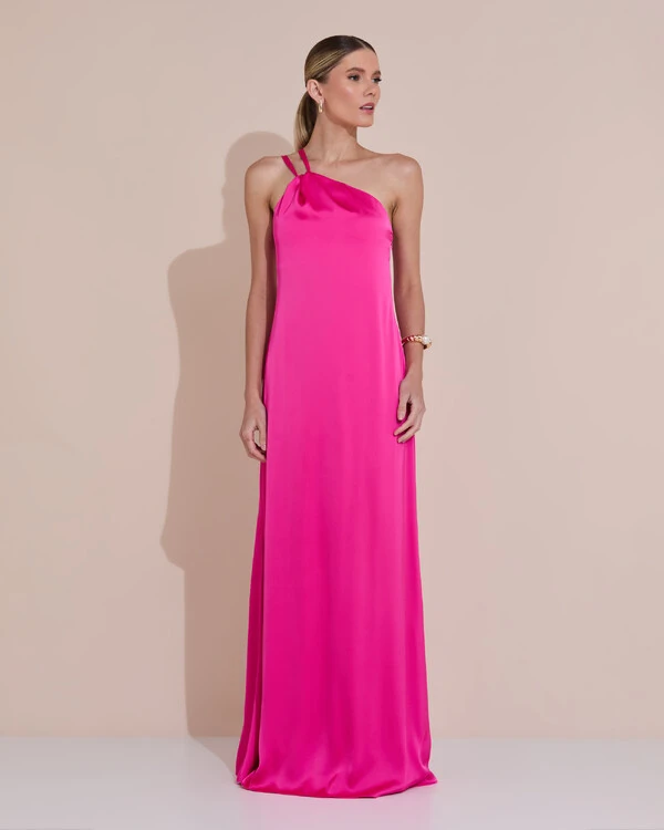 Vestido de Festa Longo em Cetim Fluido um Ombro Só com Lenço Pink