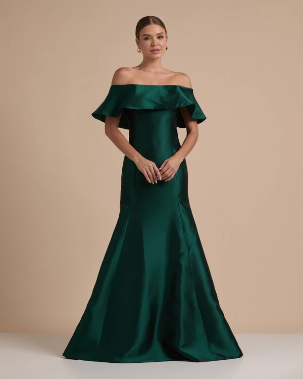 Vestido de Festa Longo Zibeline Ombro a Ombro com Babado Verde Escuro
