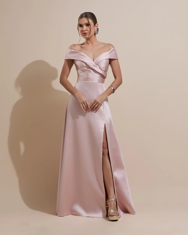 Vestido de Festa Longo Zibeline Ombro a Ombro com Fenda Rosa Nude