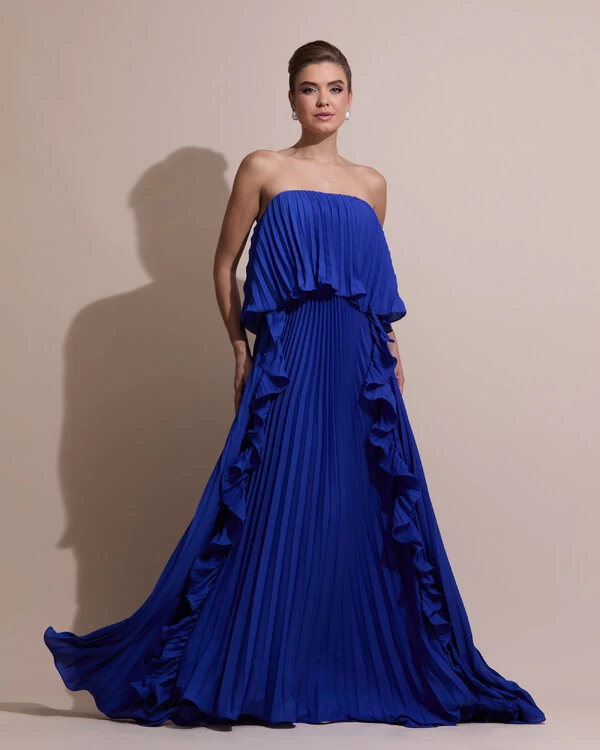 Vestido de Festa Longo Crepe Chiffon Tomara que Caia Plissado com Babado Cascata Azul Royal
