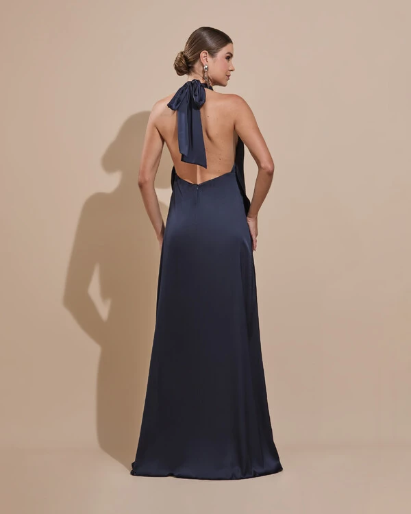 Vestido de Festa Longo Cetim Fluido Frente Única Degagê Mil Formas Azul Marinho