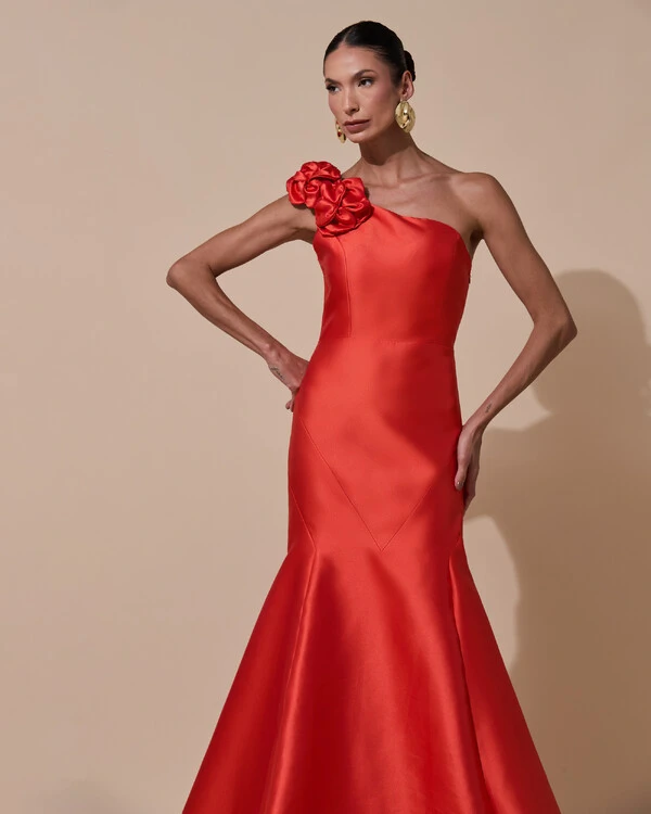 Vestido de Festa Longo Zibeline um Ombro Só Flor Removível Saia Sereia Laranja