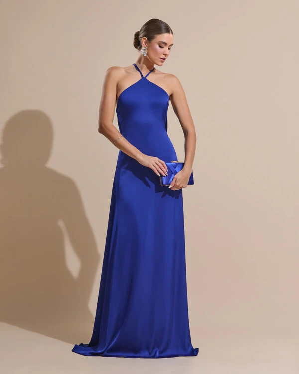 Vestido Longo de Cetim com Decote Triangular e Amarração nas Costas Degagê Azul Marinho
