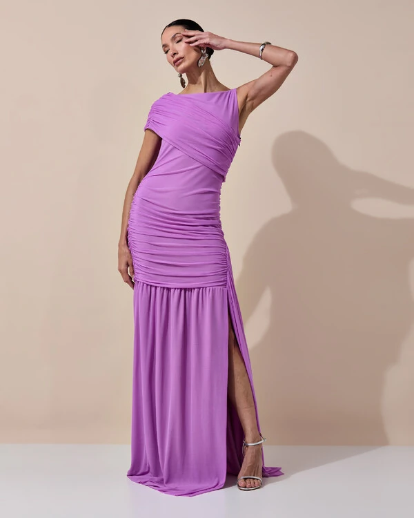 Vestido de Festa Longo Tule Faixa Detalhe Drapeado Fúcsia