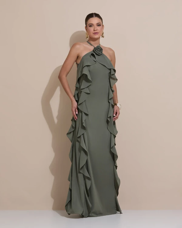 Vestido de Festa Longo Crepe Chiffon Frente Única Babados Cascata e Flor Verde Oliva