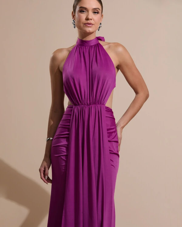 Vestido de Festa Longo Malha Jersey Gola Alta Saia Sereia Fúcsia