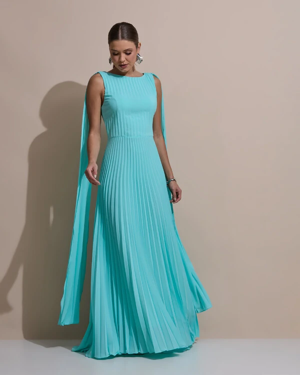Vestido de Festa Longo Crepe Chiffon Plissado com Lenço nas Alças Tiffany