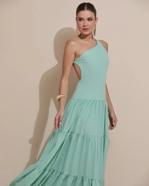 Vestido de Festa Longo Um ombro Só Crepe Chiffon Saia Fluida Verde Menta