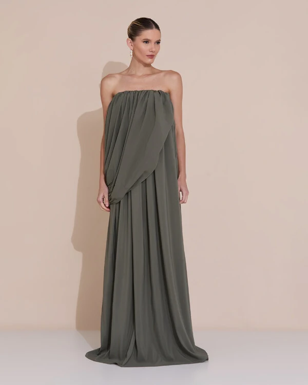 Vestido de Festa Longo Tomara Que Caia Crepe Chiffon Drapeado Verde Oliva