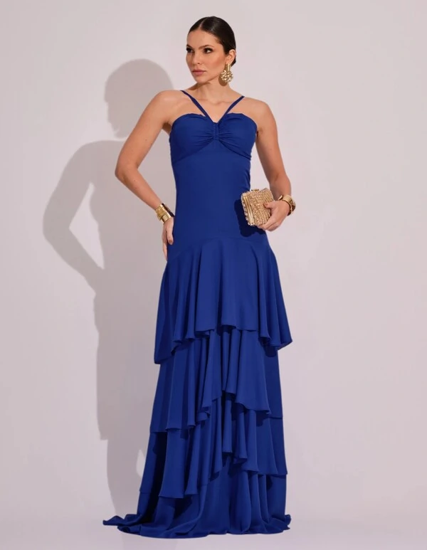 Vestido Longo Crepe com Babado em Camadas Azul Marinho