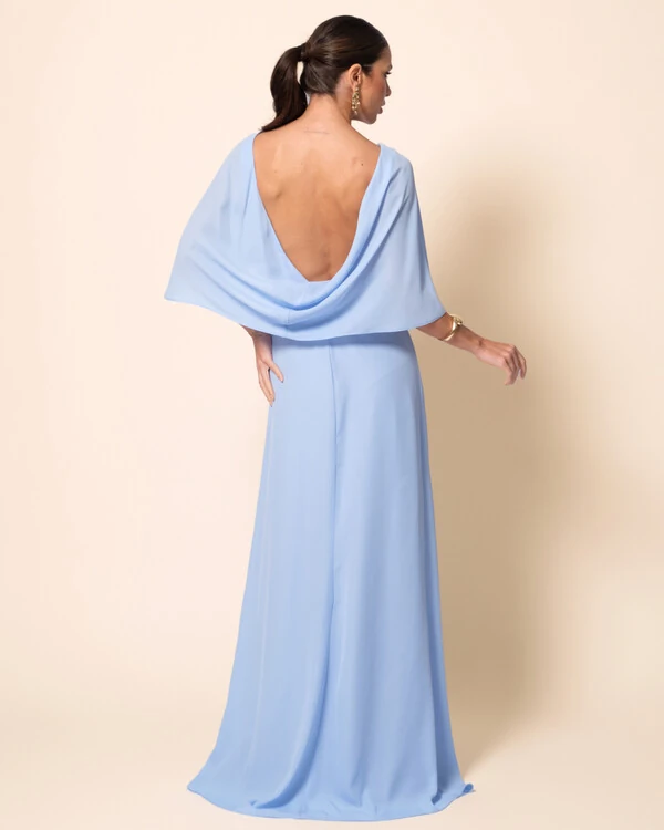 Vestido de Festa Longo Crepe Chiffon com Capa e Degagê nas Costas Azul Serenity