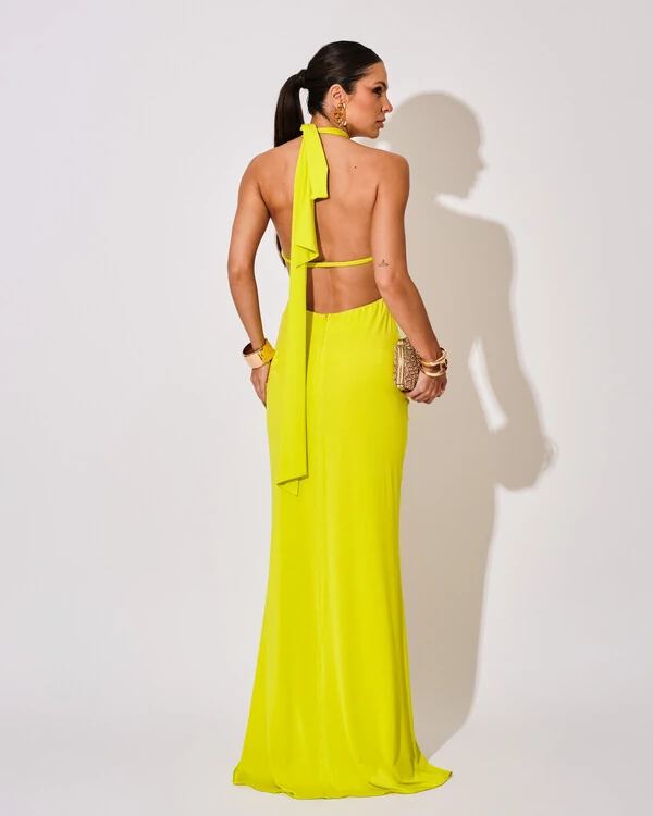 Vestido de Festa Longo Malha Jersey Gola Alta Saia Sereia Verde Lima