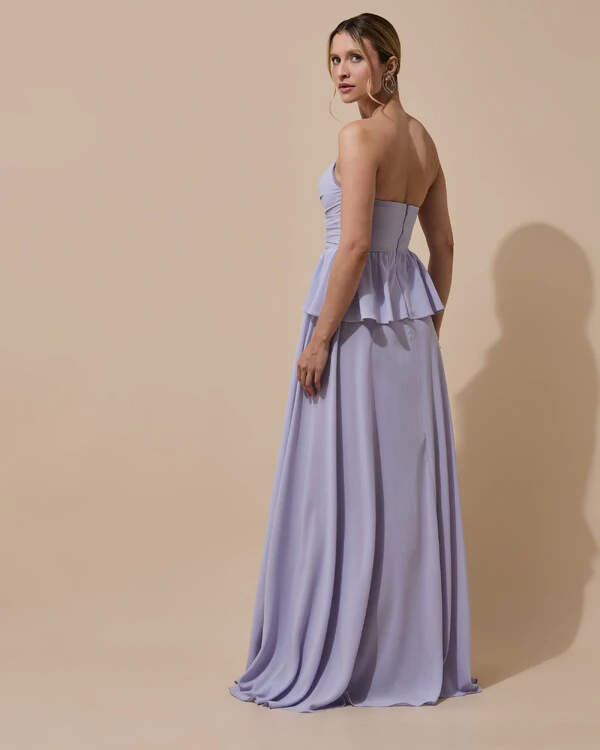 Vestido de Festa Longo Crepe Chiffon Tomara que Caia Peplum Drapeado Lilás Claro