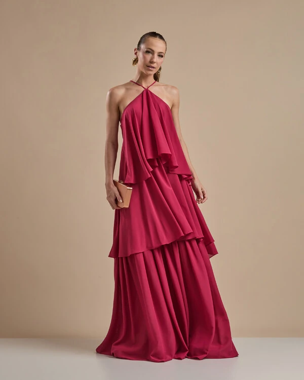 Vestido Longo Babado em Camadas Cereja