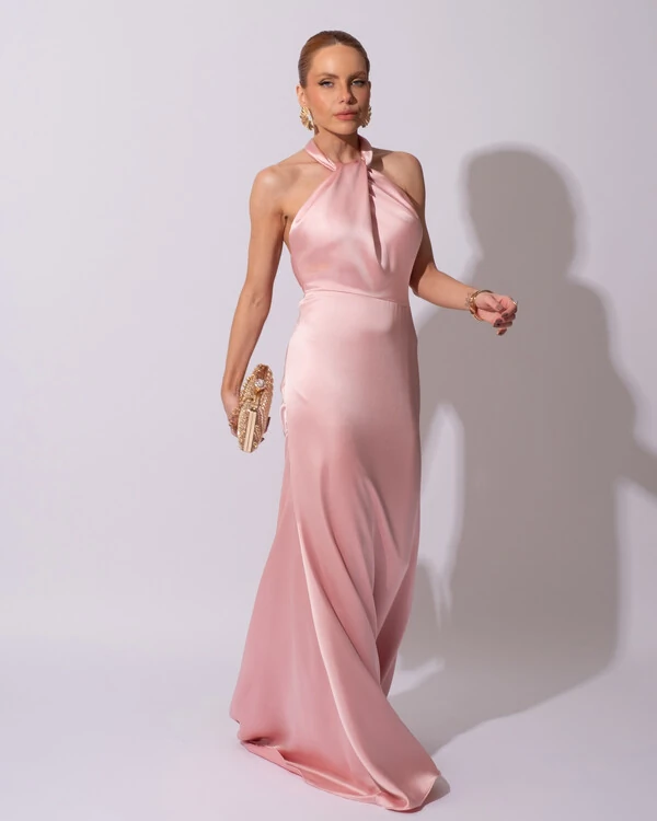 Vestido de Festa Longo em Cetim Alfaiataria com Elastano Frente Única Rose Gold