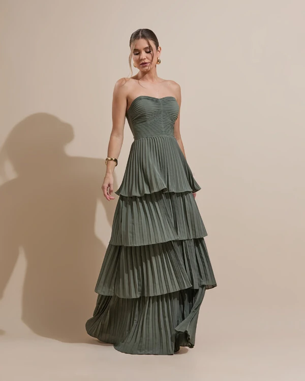 Vestido de Festa Longo Tomara que Caia Crepe Chiffon Plissado Camadas Verde Oliva