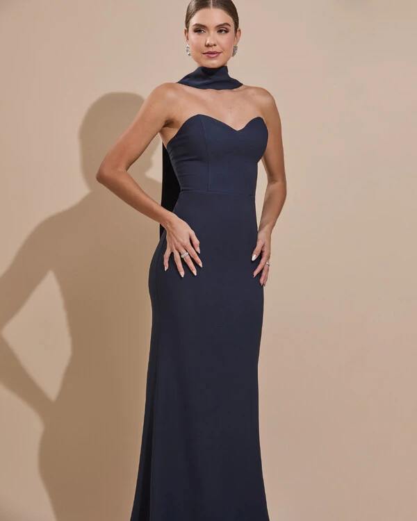 Vestido de Festa Longo Alfaiataria Tomara que Caia Saia Sereia com Lenço Azul Marinho Escuro