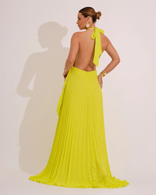 Vestidos de Festa Longo Chiffon Fluido Frente Única Plissado Duplo Verde Lima