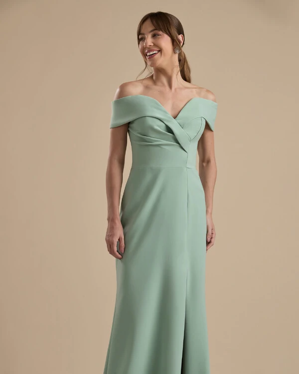 Vestido de Festa Longo Alfaiataria Ombro a Ombro com Fenda Verde Menta