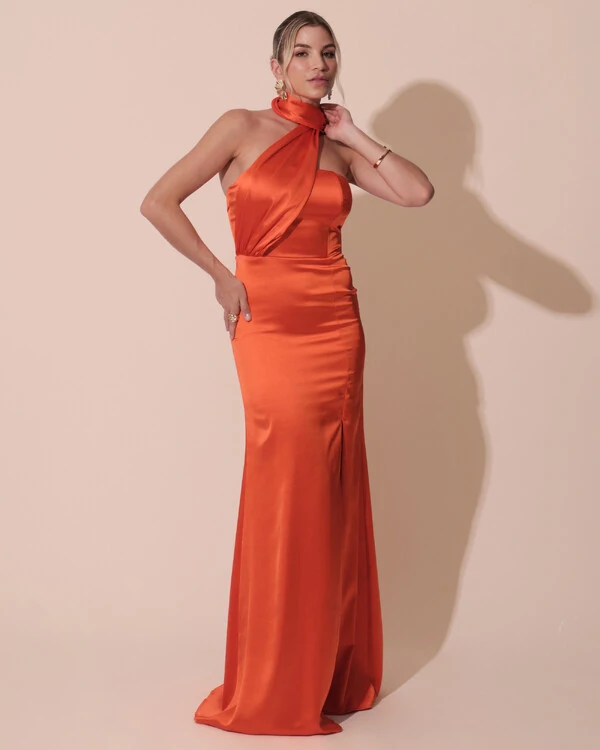 Vestido de Festa Longo Cetim Alfaiataria Tomara que Caia com Faixa Lenço Laranja