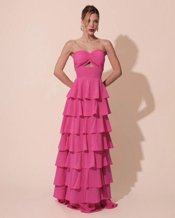 Vestido Longo Crepe Chiffon Tomara que Caia Plissado em Camadas Pink