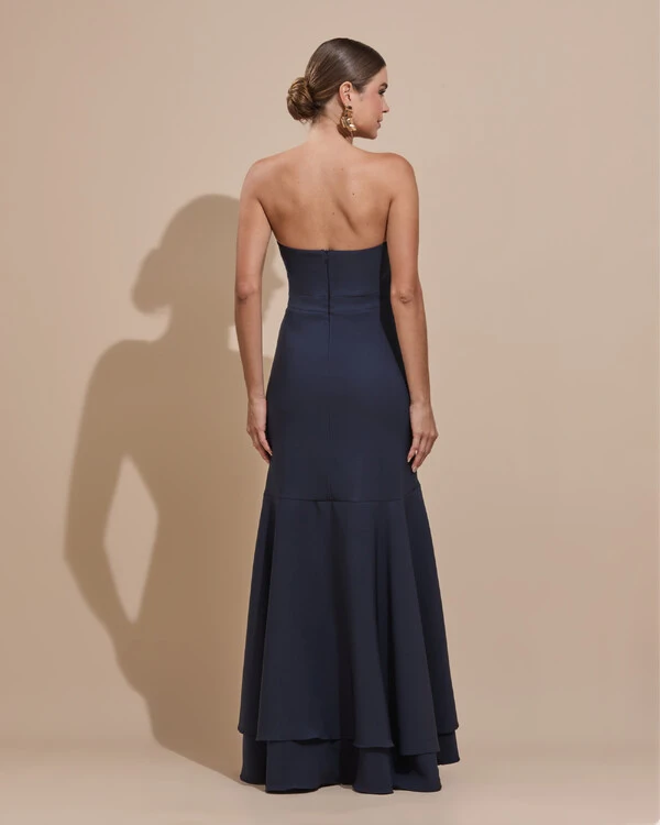 Vestido Longo com Fenda de Babados Alfaiataria Azul Marinho Escuro