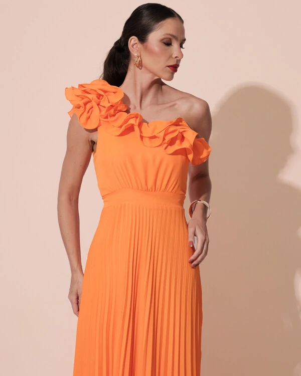 Vestido de Festa um Ombro Só Flor Saia Plissado Laranja