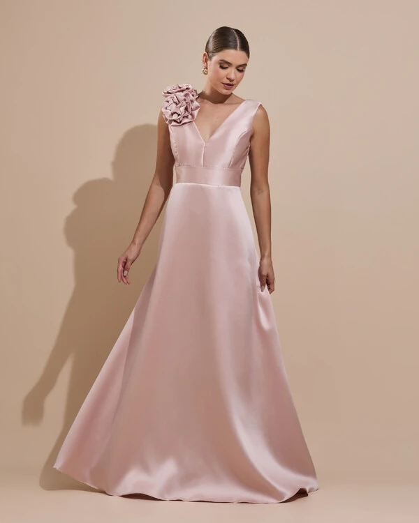 Vestido de Festa longo Zibeline Decote em V com Flores Removivel Rose Nude