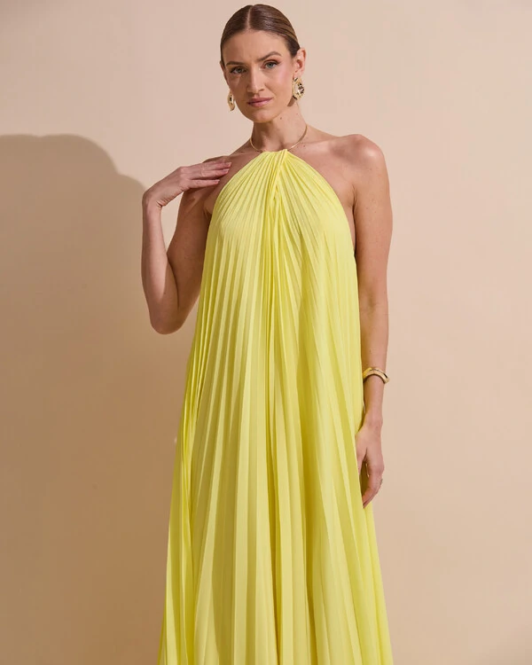 Vestido de Festa Longo Frente Única Plissado Crepe Chiffon Argola Amarelo manteiga