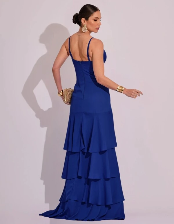 Vestido Longo Crepe com Babado em Camadas Azul Marinho