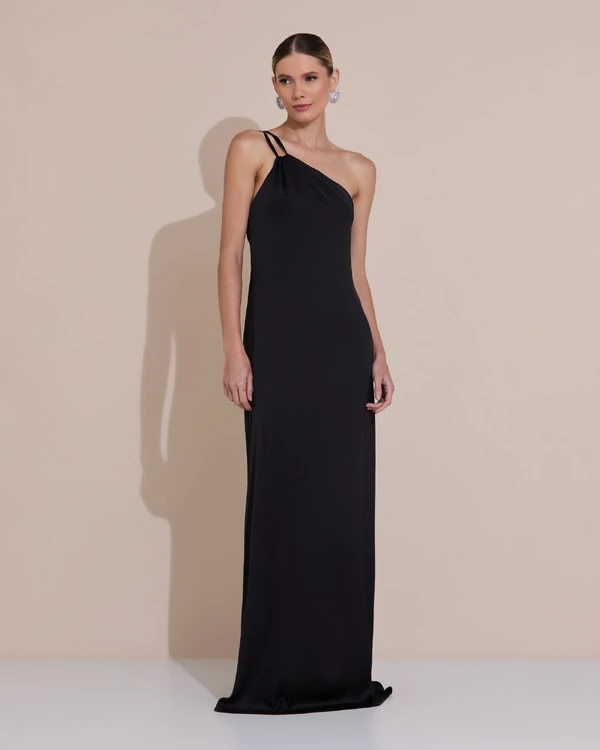 Vestido de Festa Longo em Cetim Fluido um Ombro Só com Lenço Preto