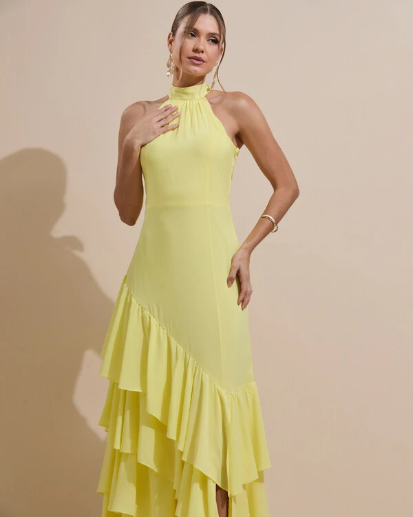 Vestido de Festa Longo Chiffon Crepe Gola Alta Babados Amarelo Manteiga