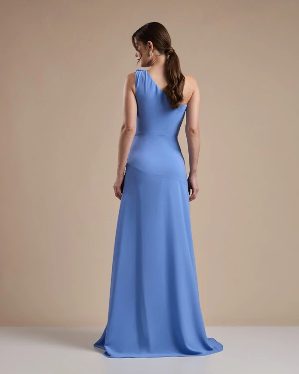Vestido de Festa Longo Crepe Chiffon Um Ombro Só Drapeado com Babado Cascata Azul Atlantis