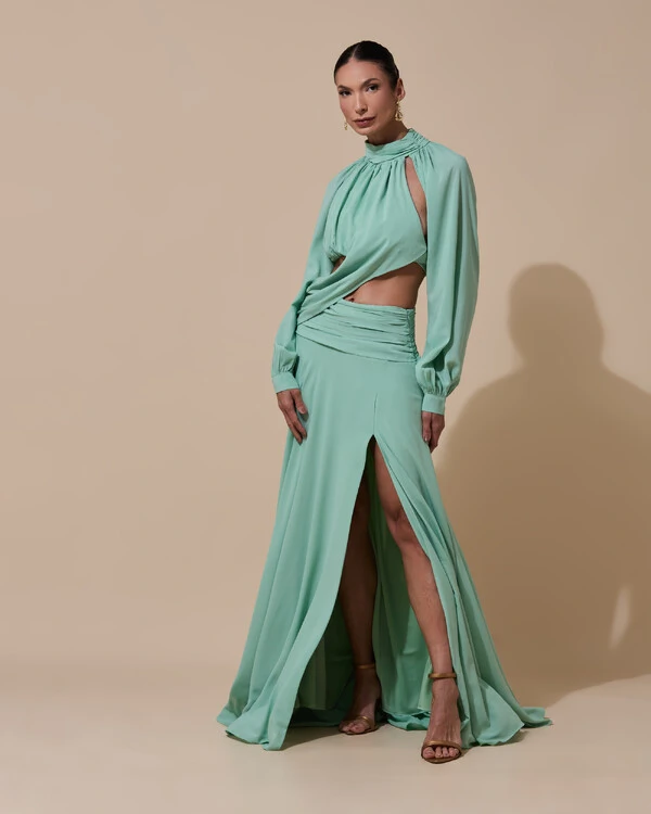 Vestido de Festa Longo Gola Alta Crepe Chiffon Recortes Drapeado Manga Longa Fenda Verde Menta