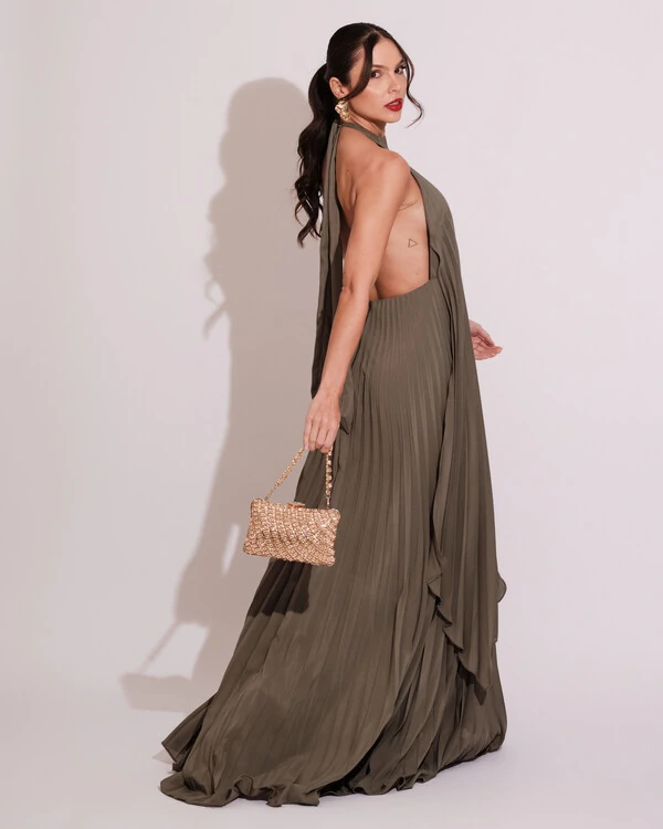 Vestidos de Festa Longo Chiffon Fluido Frente Única Plissado Duplo Verde Oliva