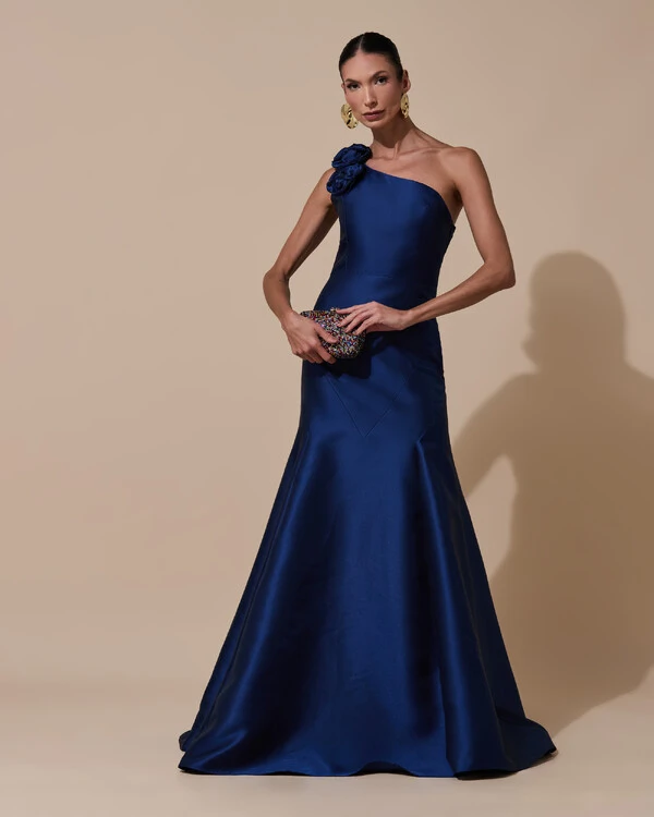 Vestido de Festa Longo Zibeline um Ombro Só Flor Removível Saia Sereia Azul Marinho