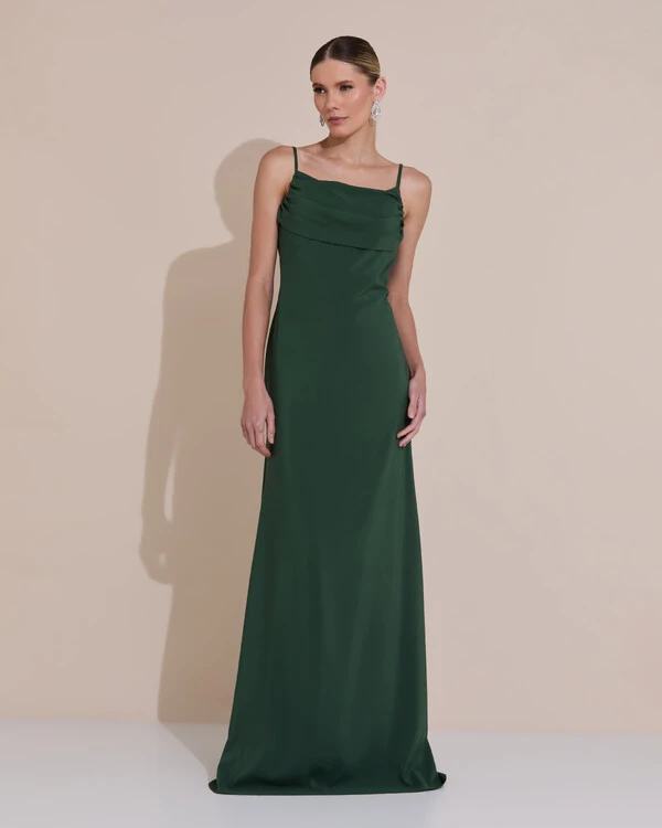 Vestido de Festa Longo Crepe Chiffon Costas Lenço Cauda Verde Escuro New