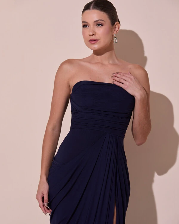Vestido De Festa Longo Tomara que Caia Tule Drapeado Fenda Azul Marinho Escuro