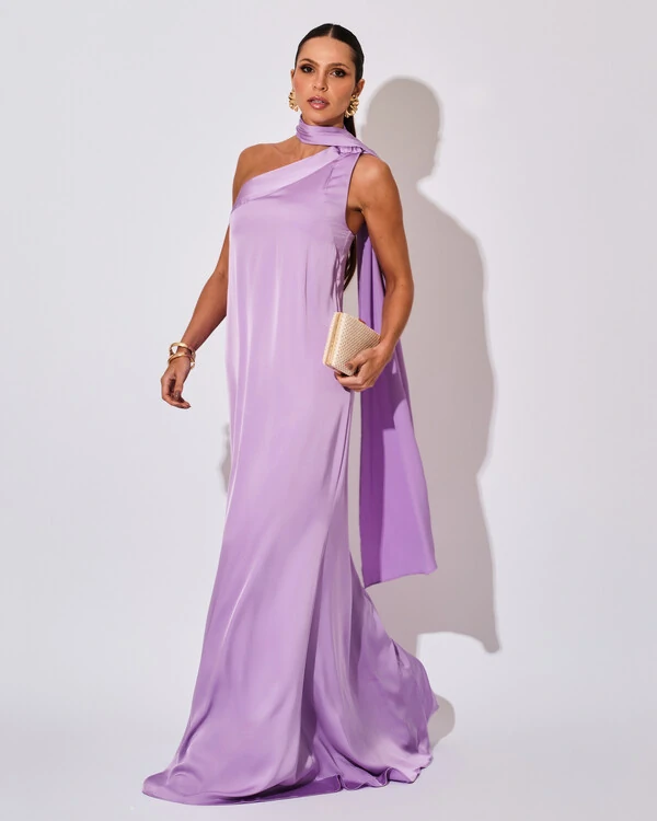 Vestido de Festa Longo Cetim Fluido Um Ombro Só Lenço Fixo Lilás