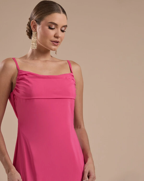 Vestido de Festa Longo Crepe Chiffon Costas Lenço Cauda Pink
