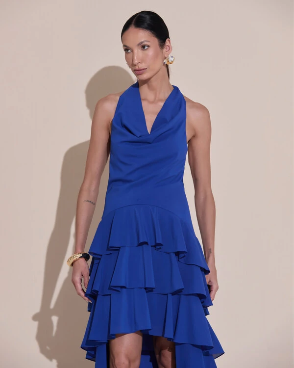 Vestido De Festa Longo Frente Única Degagê Crepe Chiffon Babados Mullet Azul Royal