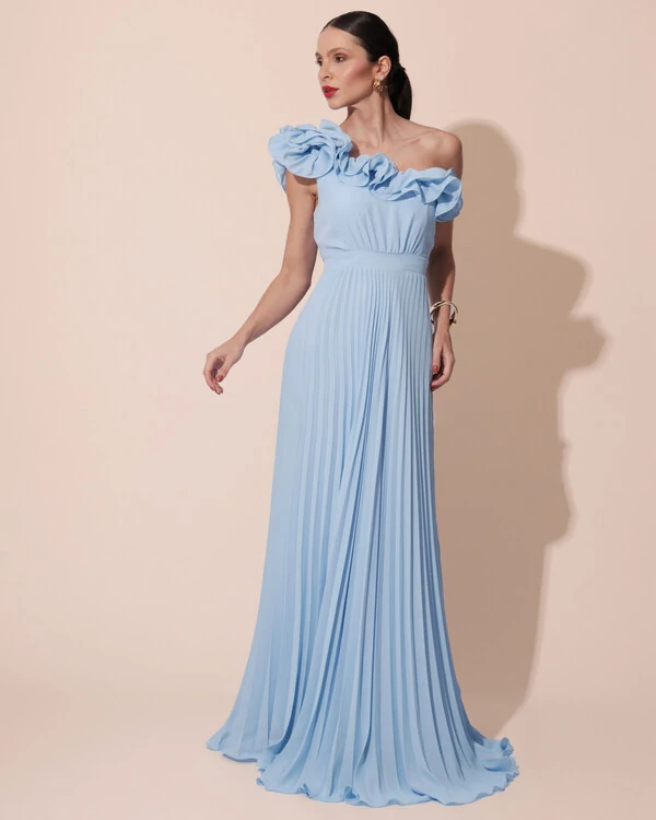 Vestido de Festa um Ombro Só Flor Saia Plissado Serenity