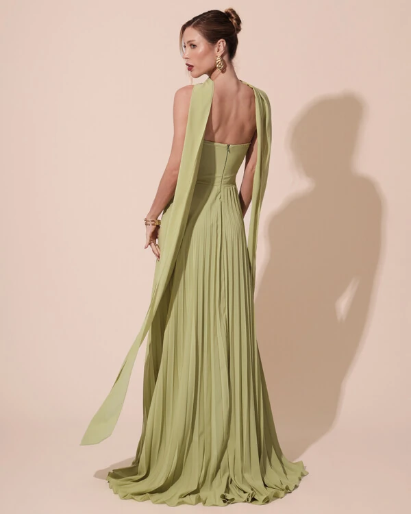 Vestido de Festa Longo Tomara que Caia Plissado com Lenço Verde Garden