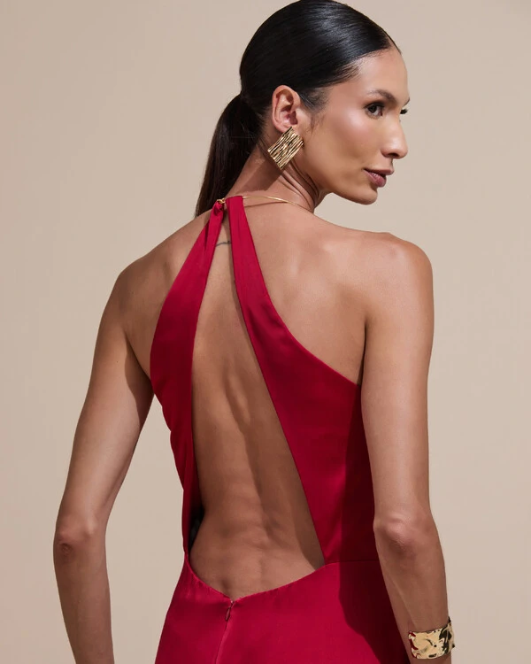 Vestido de Festa Longo Cetim Fluido com Argola Frente Única Marsala