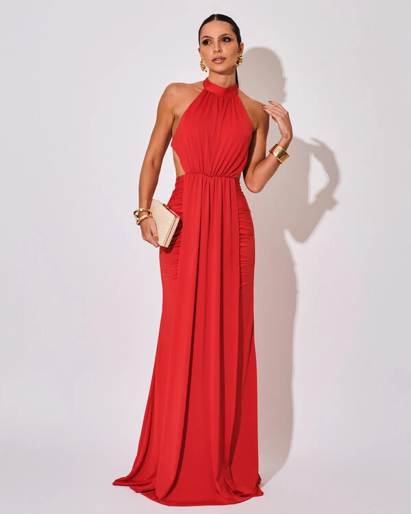 Vestido de Festa Longo Malha Jersey Gola Alta Saia Sereia Vermelho