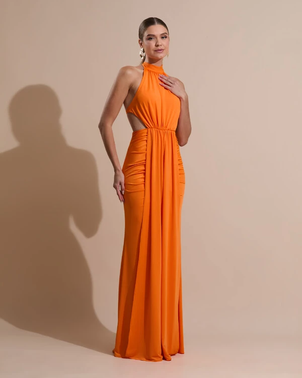 Vestido de Festa Longo Malha Jersey Gola Alta Saia Sereia Laranja